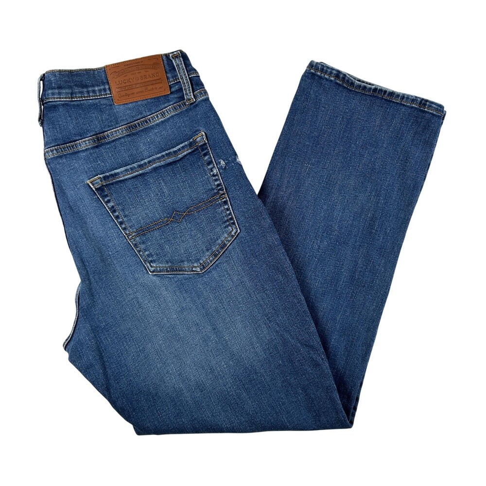 Lucky Brand 223 Straight Jeans Mens 34x30 Med Wash Blue Distressed Denim